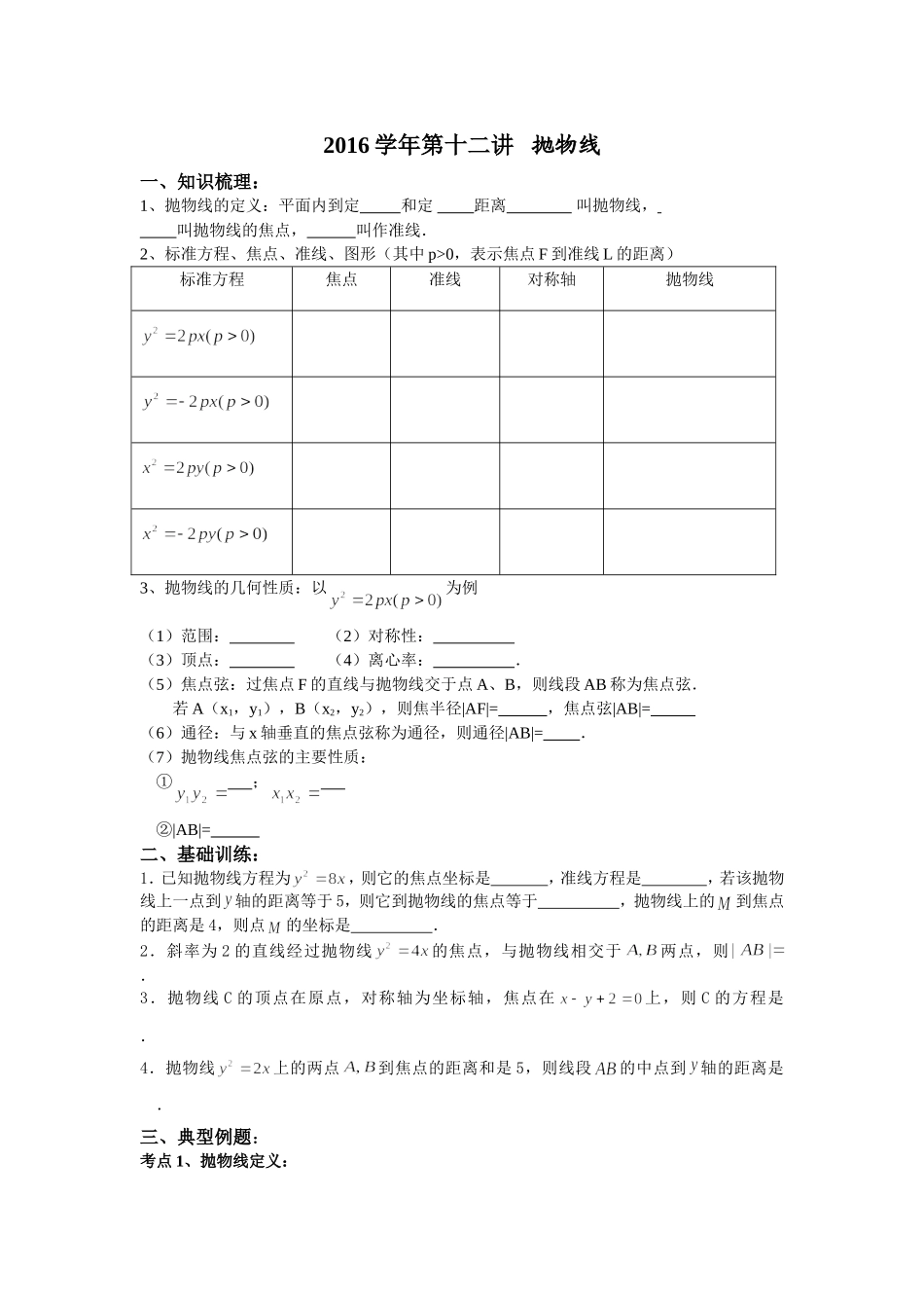2016第十二讲---抛物线_第1页