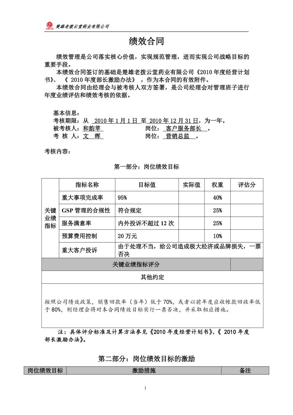 部长绩效合同(客户服务部)_第1页