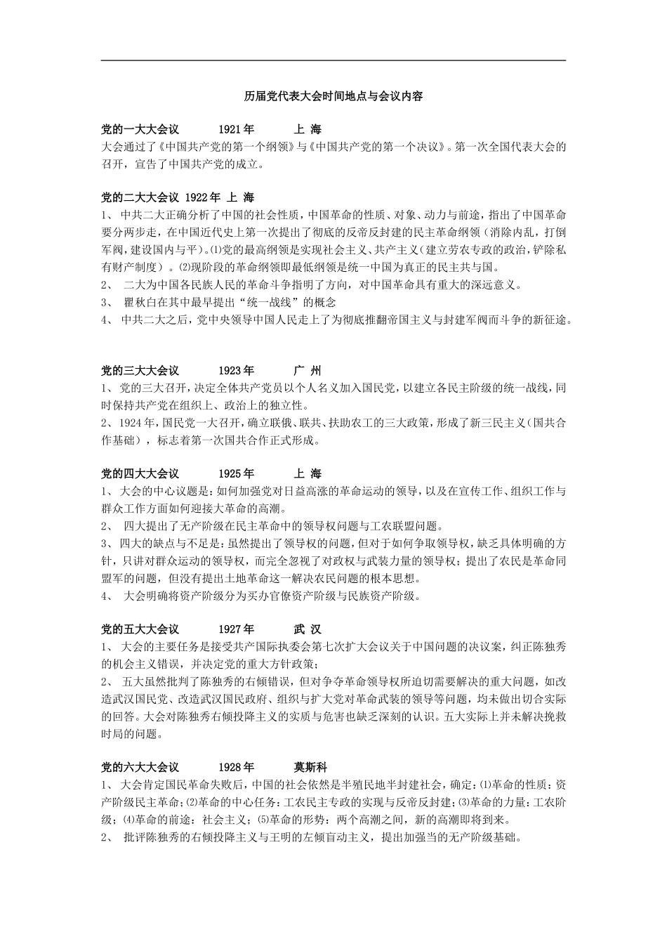 历届党代表大会时间地点及会议内容_第1页