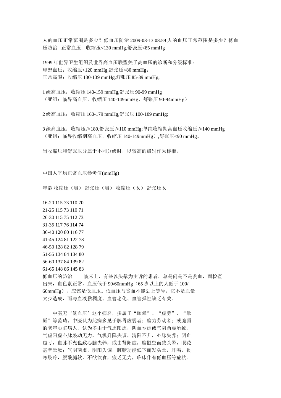 血压正常范围是多少？低血压防治_第1页