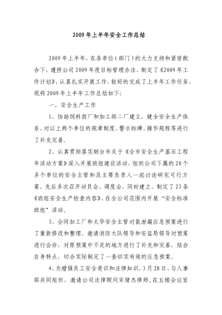 2009年上半年安全工作总结