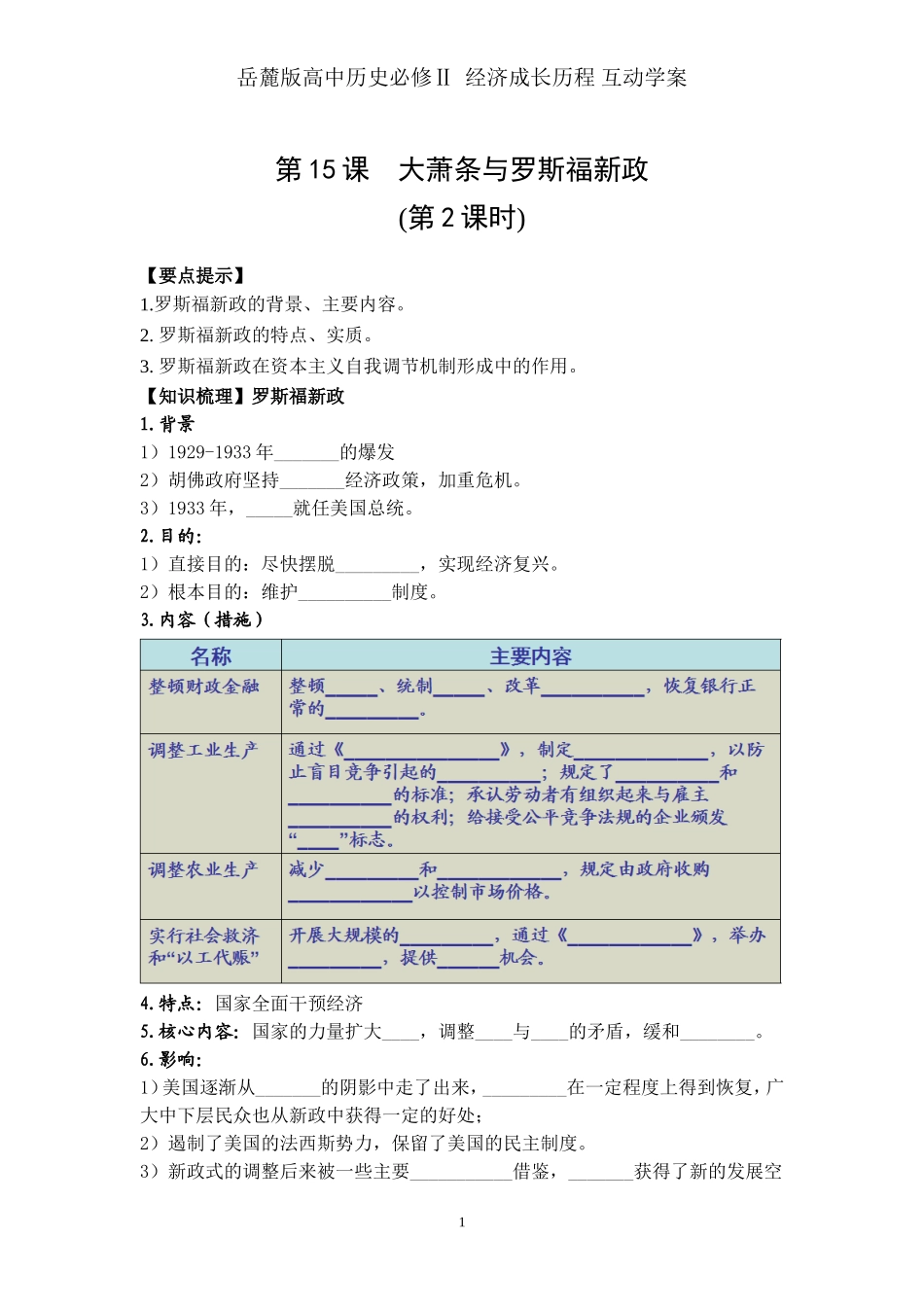 岳麓版高中历史必修Ⅱ经济成长历程-互动学案第15课大萧条与罗斯福新政_第1页