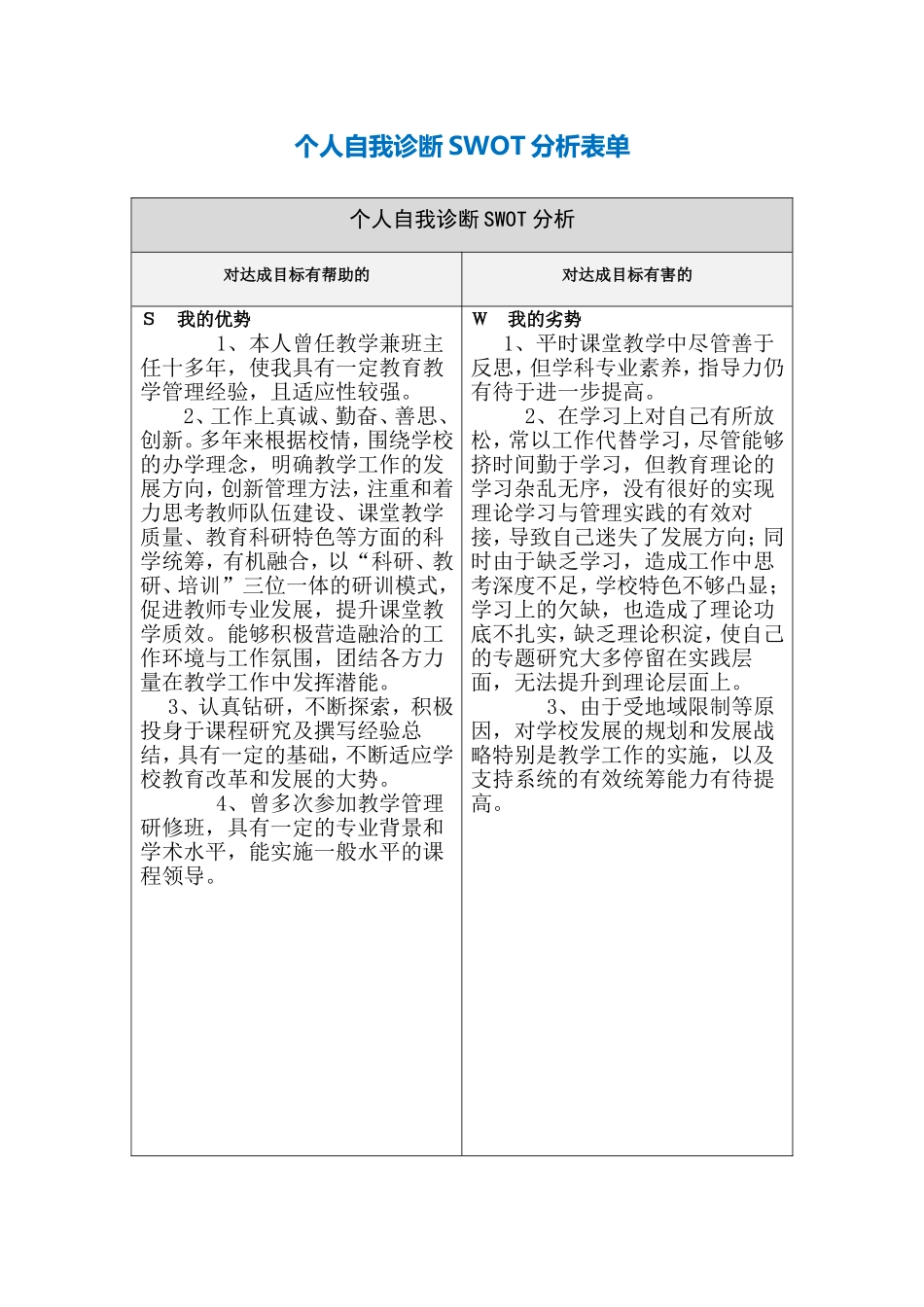 皮瑛：个人自我诊断SWOT分析表_第1页