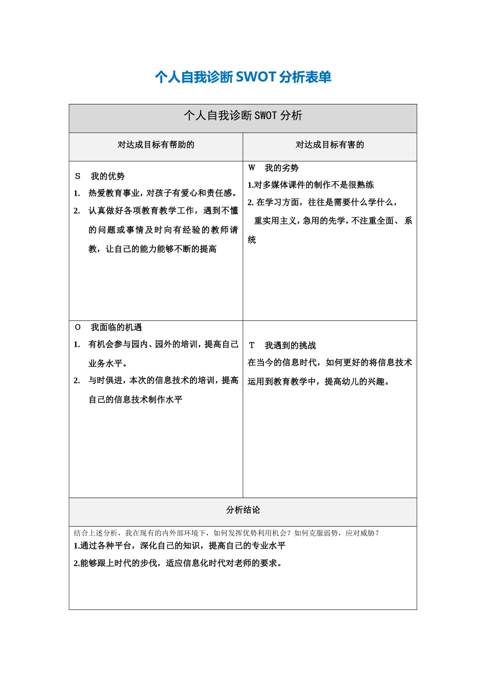 禄梅个人自我诊断SWOT分析表单doc_第1页