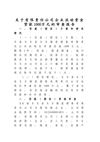 银行授信贷款资料：公司企业流动资金贷款1000万元的审查报告