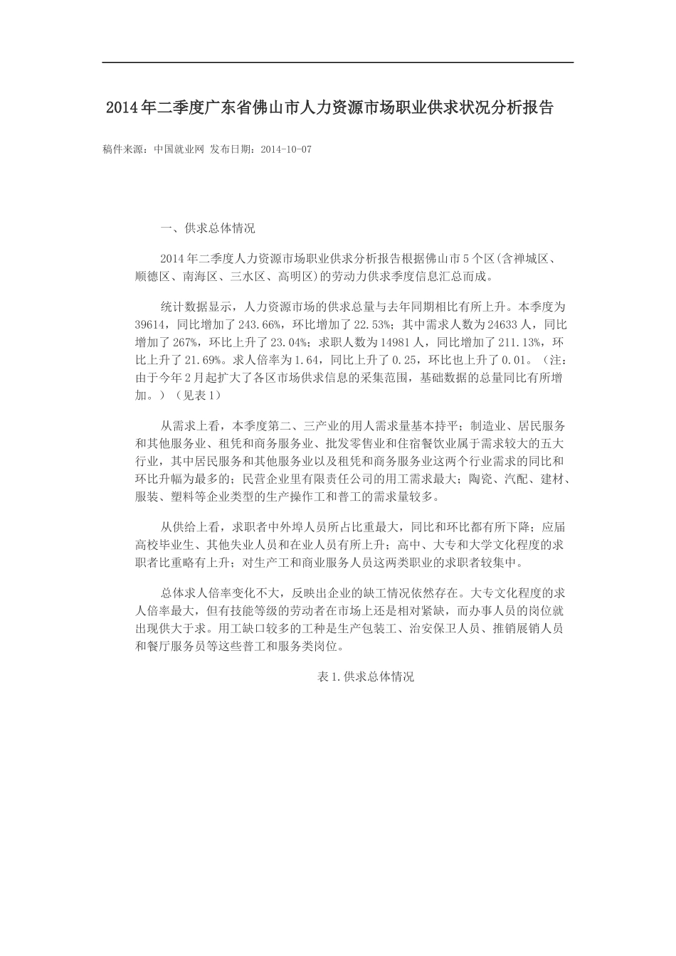 2014年二季度广东省佛山市人力资源市场职业供求状况分析报告_第1页