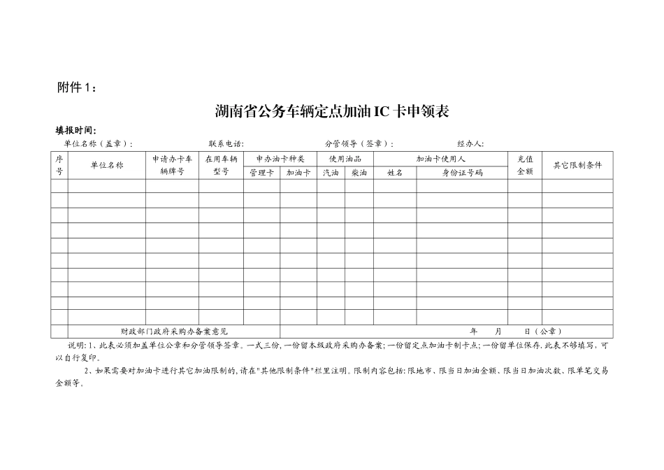 湖南省公务车辆定点加油IC卡申领表_第1页