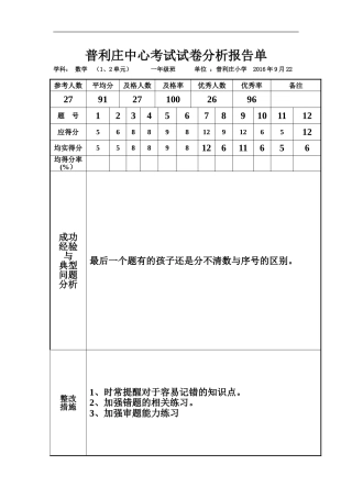 普利庄中心考试试卷分析报告单