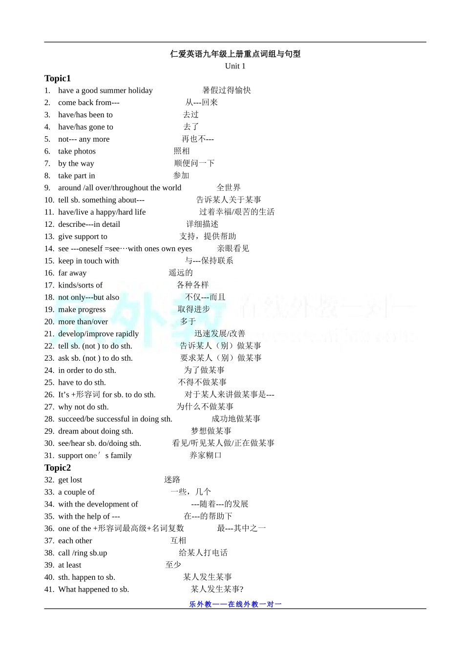 仁爱英语九年级上册重点词组和句型_第1页