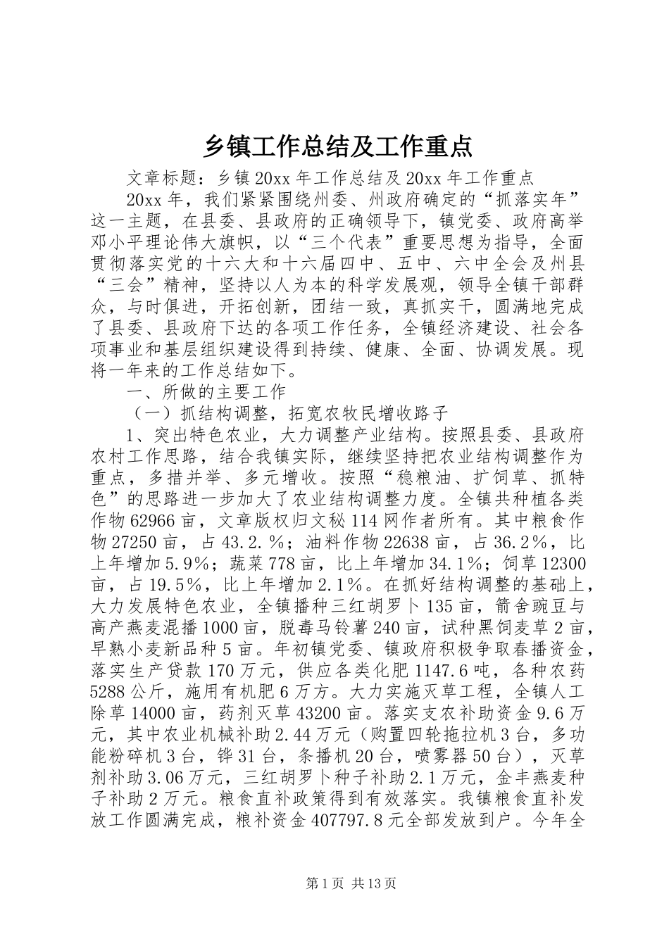 乡镇工作总结及工作重点_第1页