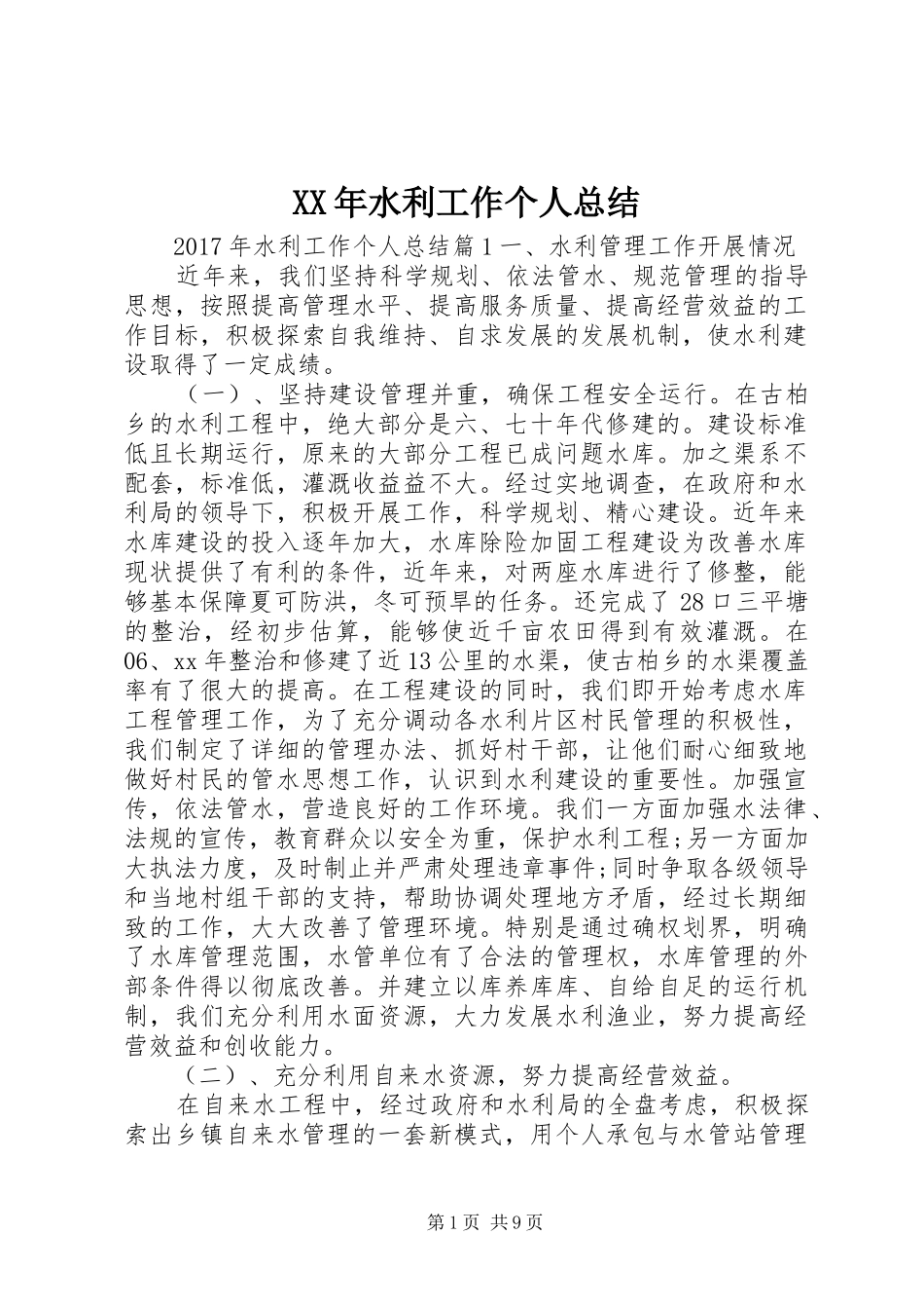 XX年水利工作个人总结_第1页
