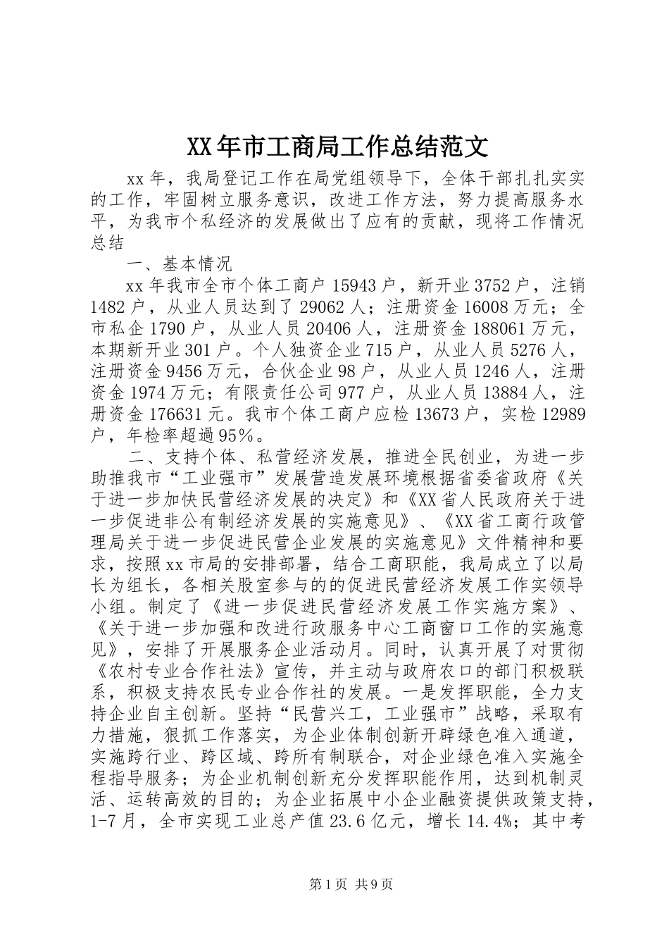 XX年市工商局工作总结范文_第1页
