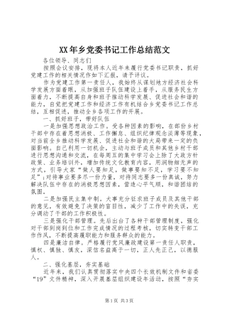 XX年乡党委书记工作总结范文