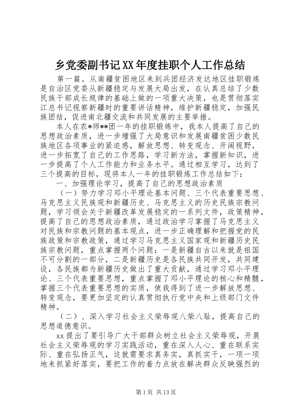 乡党委副书记XX年度挂职个人工作总结_第1页