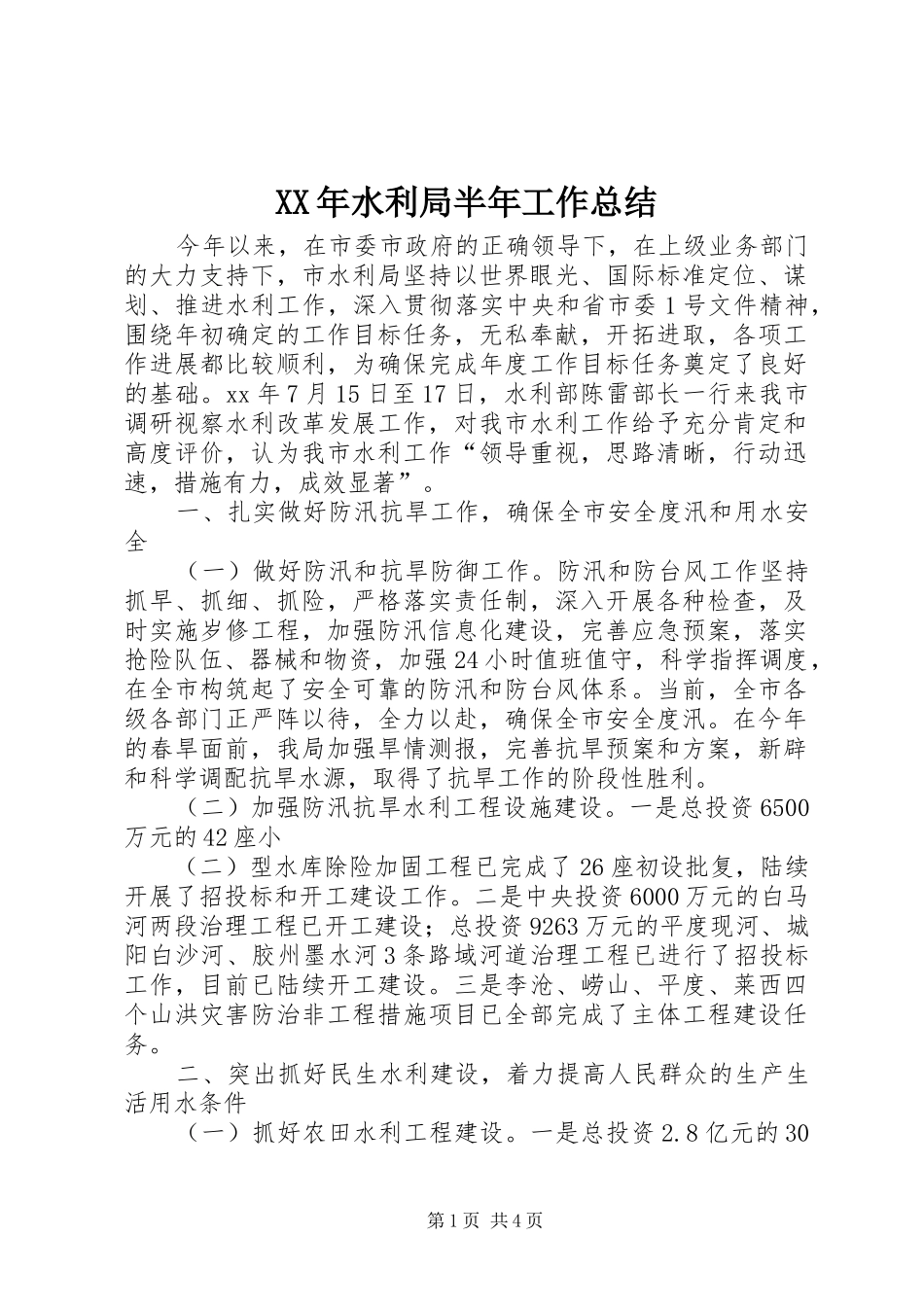 XX年水利局半年工作总结_第1页