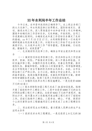 XX年水利局半年工作总结