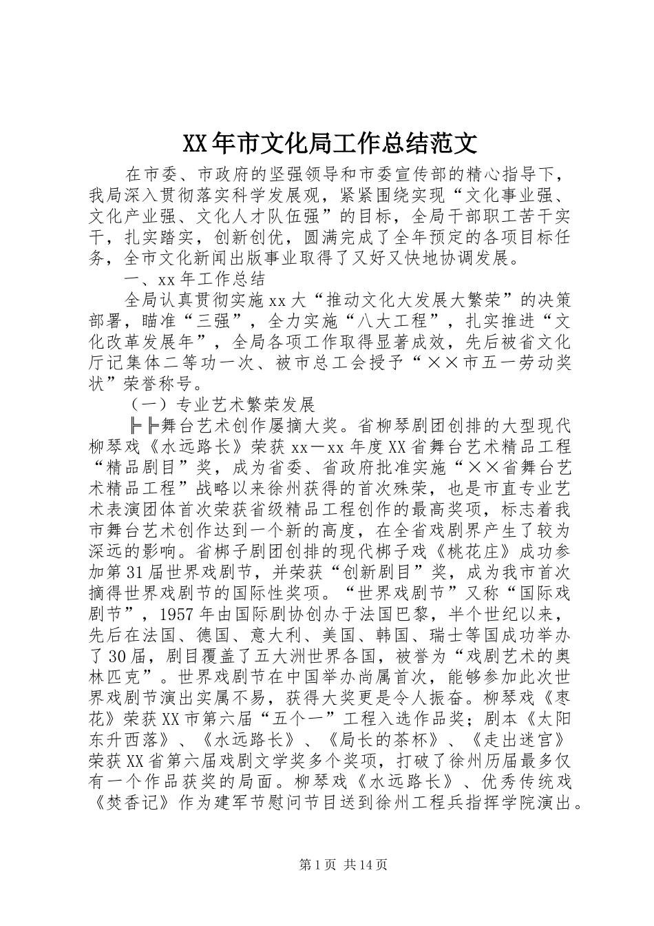 XX年市文化局工作总结范文_第1页