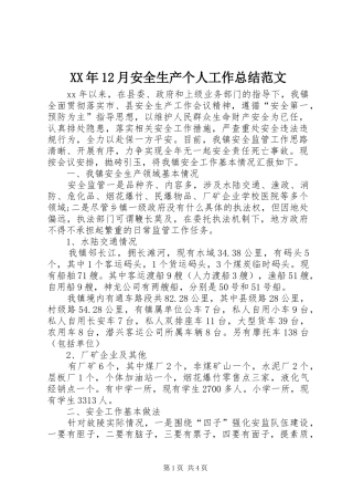 XX年12月安全生产个人工作总结范文