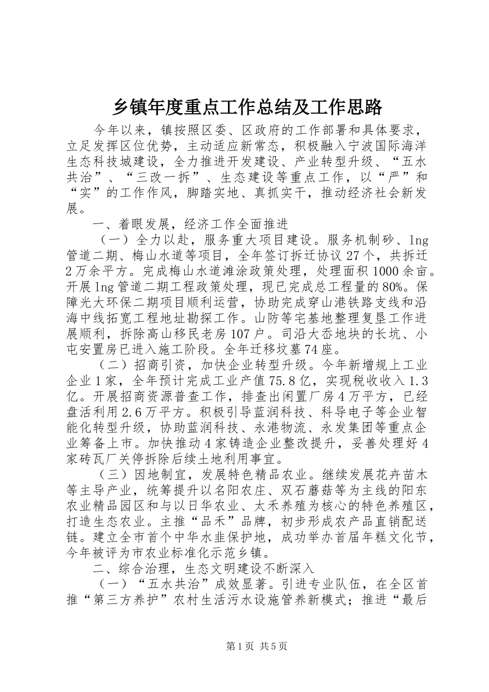乡镇年度重点工作总结及工作思路_第1页