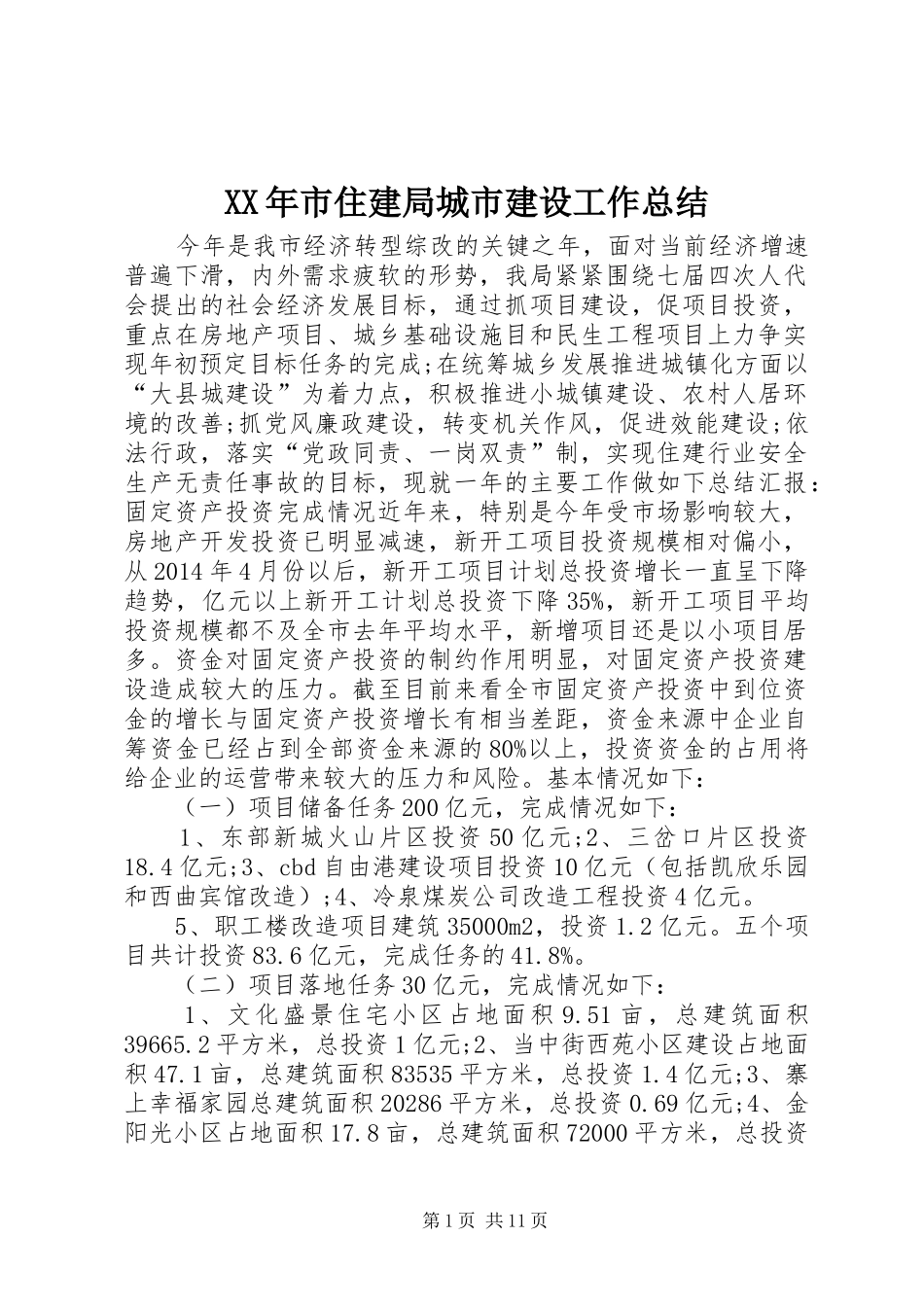XX年市住建局城市建设工作总结_第1页