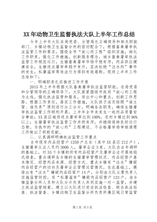 XX年动物卫生监督执法大队上半年工作总结