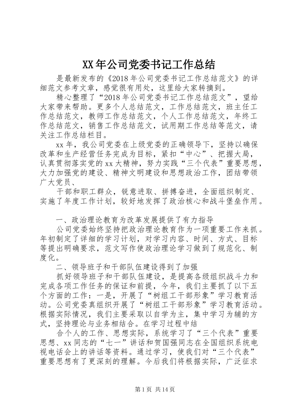 XX年公司党委书记工作总结_第1页