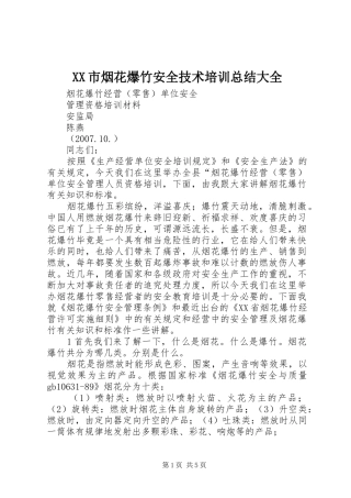 XX市烟花爆竹安全技术培训总结大全
