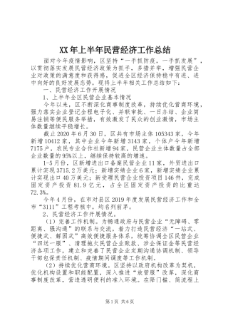 XX年上半年民营经济工作总结