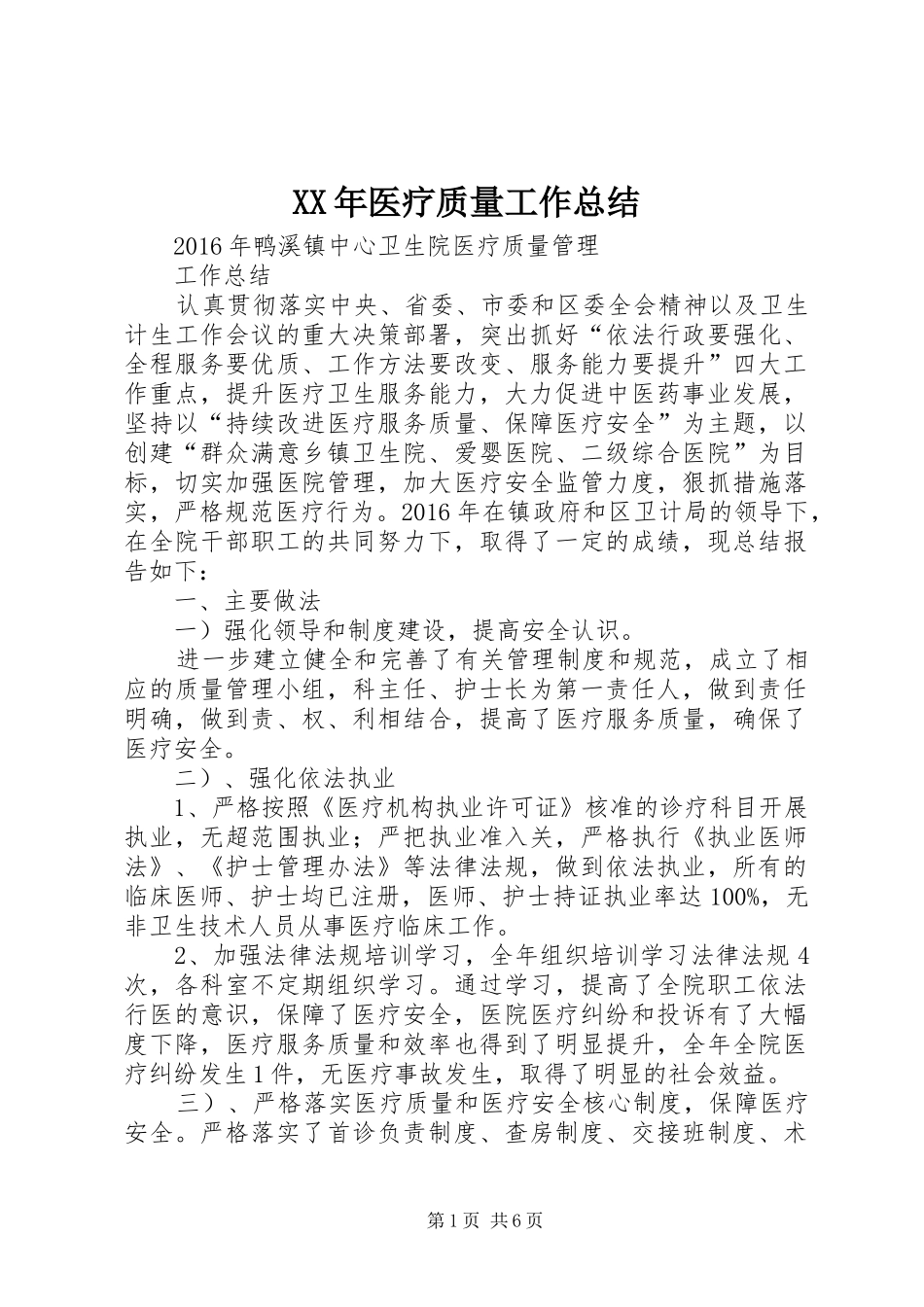 XX年医疗质量工作总结_第1页