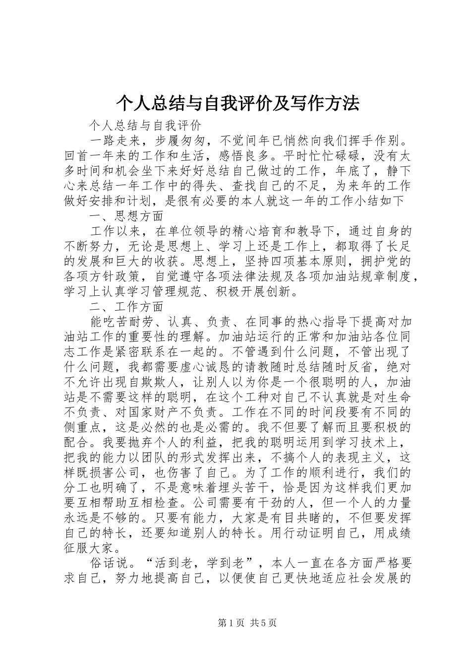 个人总结与自我评价及写作方法_第1页
