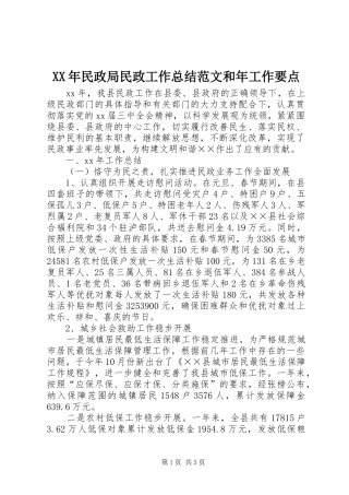 XX年民政局民政工作总结范文和年工作要点