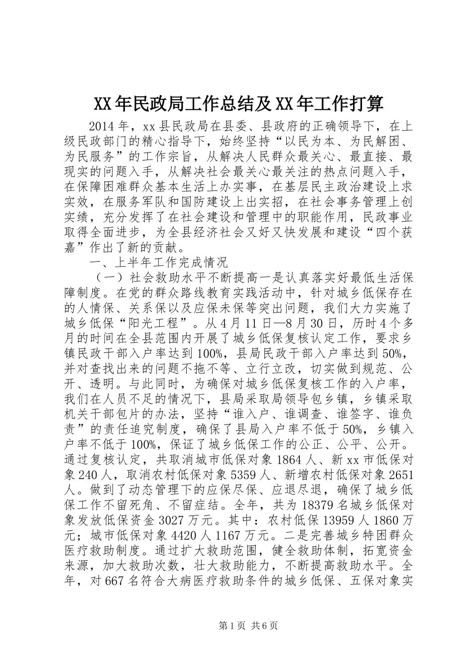 XX年民政局工作总结及XX年工作打算_第1页