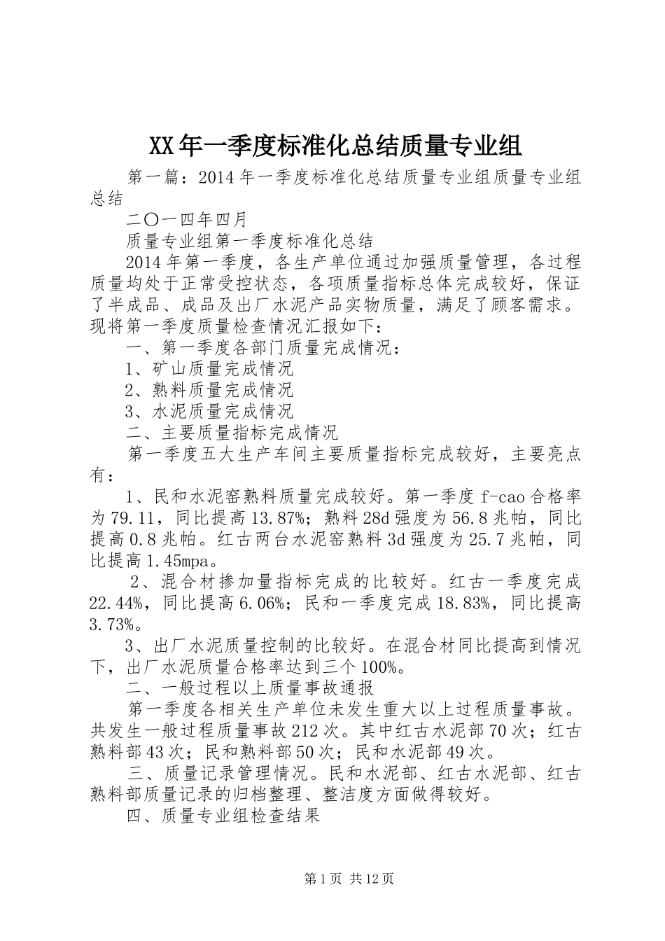 XX年一季度标准化总结质量专业组_第1页