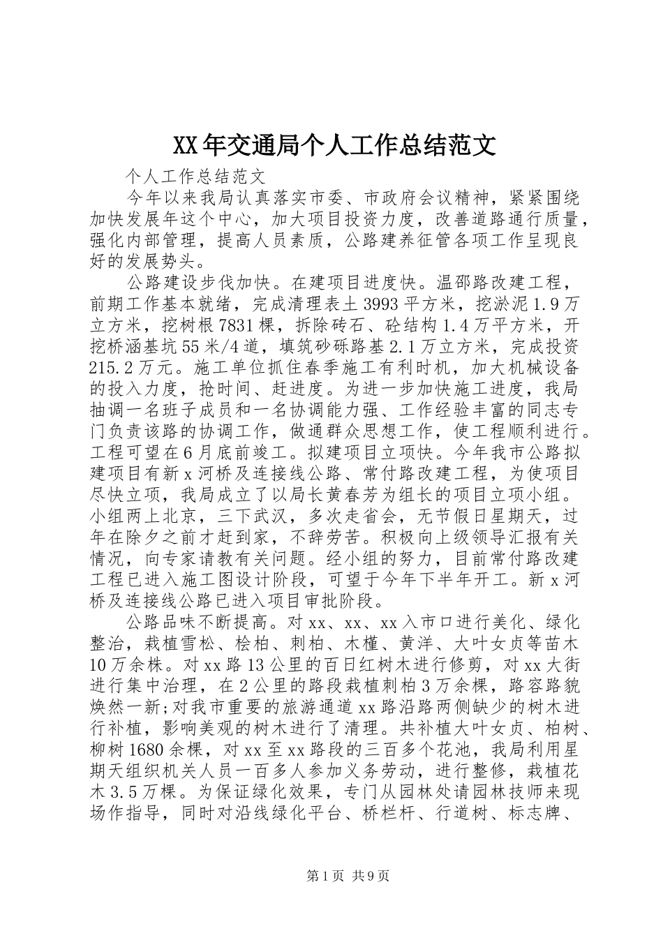 XX年交通局个人工作总结范文_第1页