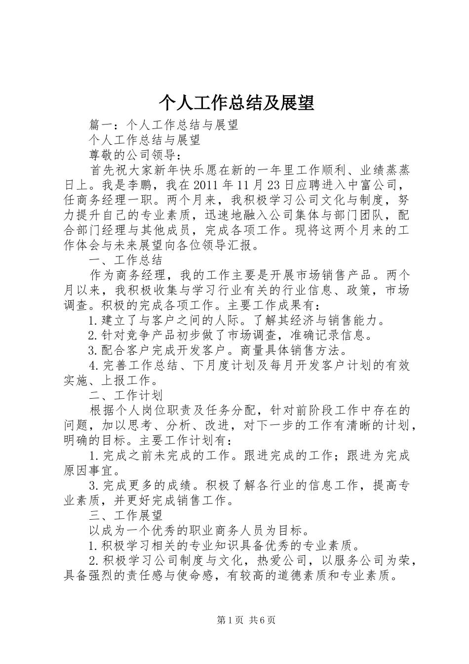 个人工作总结及展望_第1页