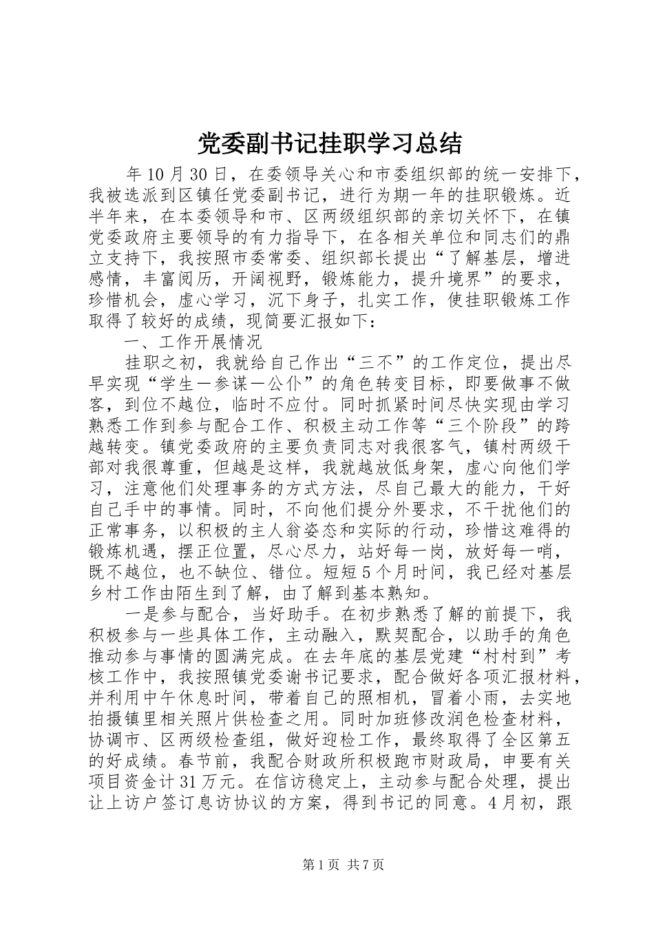 党委副书记挂职学习总结_第1页