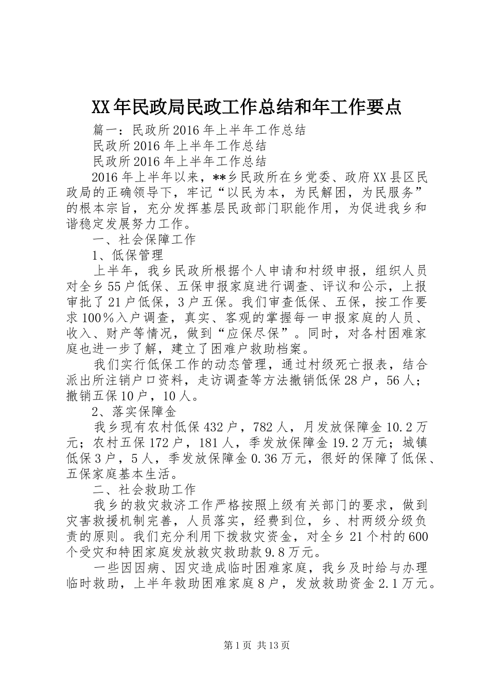 XX年民政局民政工作总结和年工作要点_第1页
