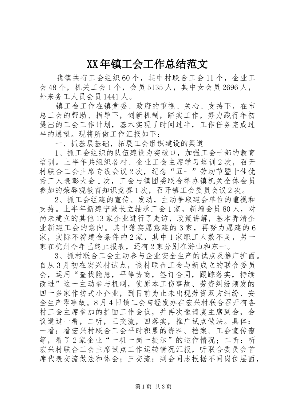 XX年镇工会工作总结范文_第1页