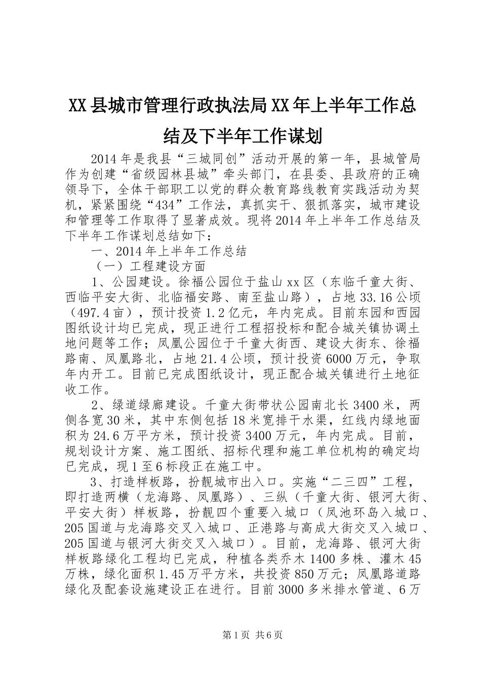 XX县城市管理行政执法局XX年上半年工作总结及下半年工作谋划_第1页