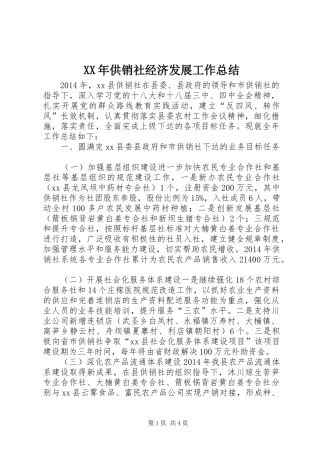 XX年供销社经济发展工作总结