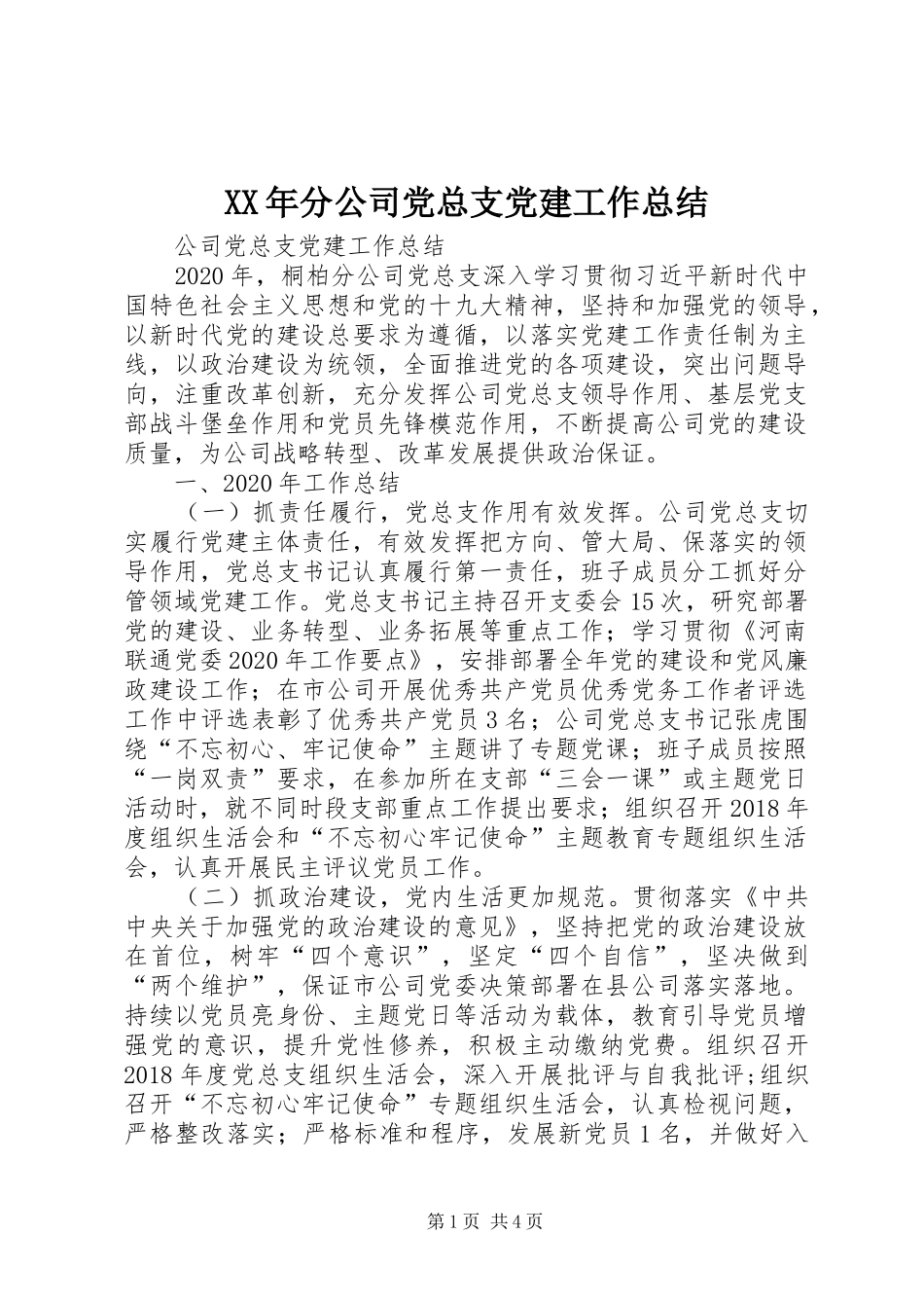 XX年分公司党总支党建工作总结_第1页