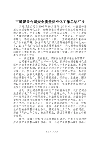 三道煤业公司安全质量标准化工作总结汇报