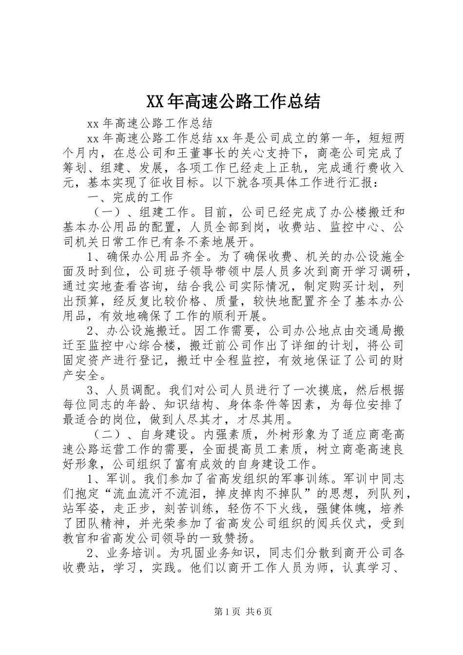 XX年高速公路工作总结_第1页