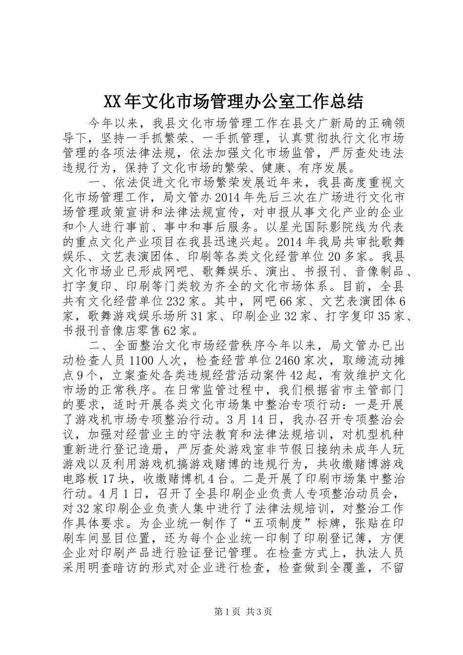 XX年文化市场管理办公室工作总结_第1页