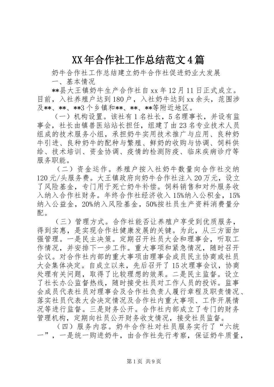 XX年合作社工作总结范文4篇_第1页