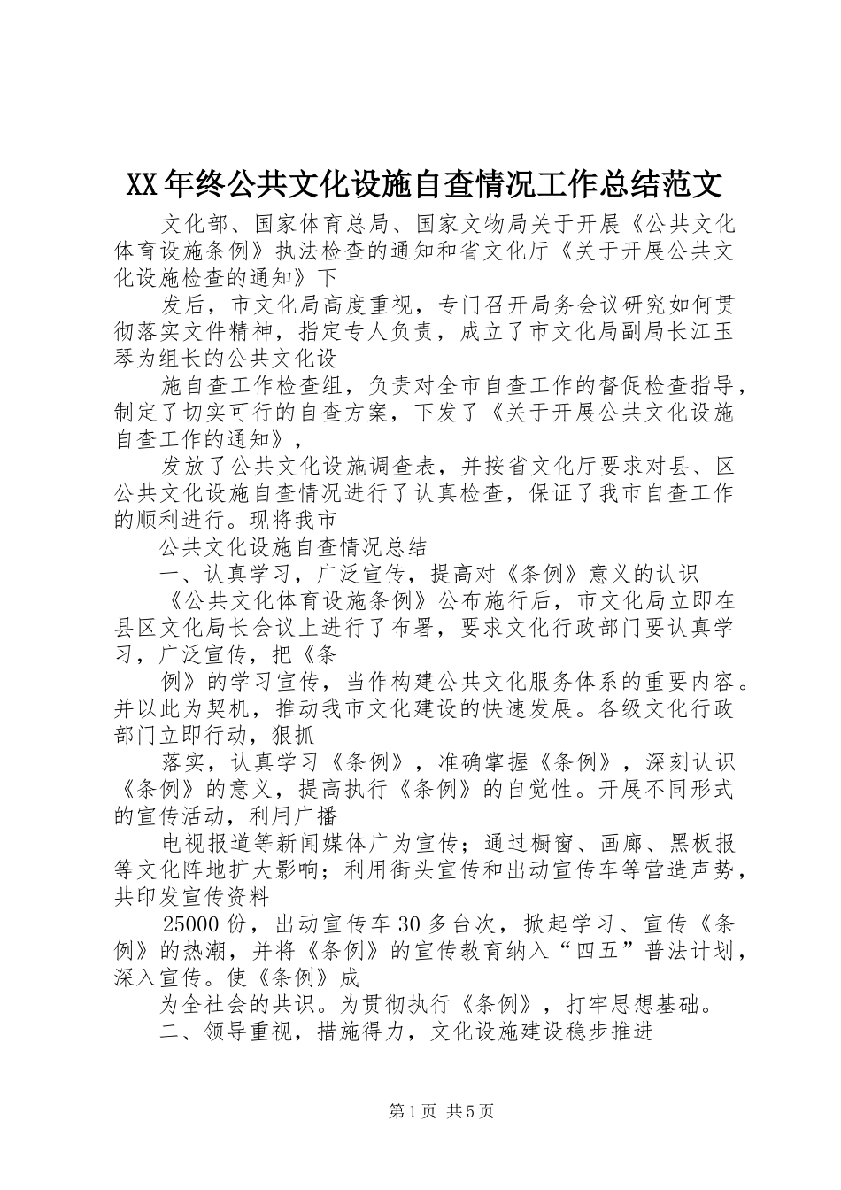 XX年终公共文化设施自查情况工作总结范文_第1页