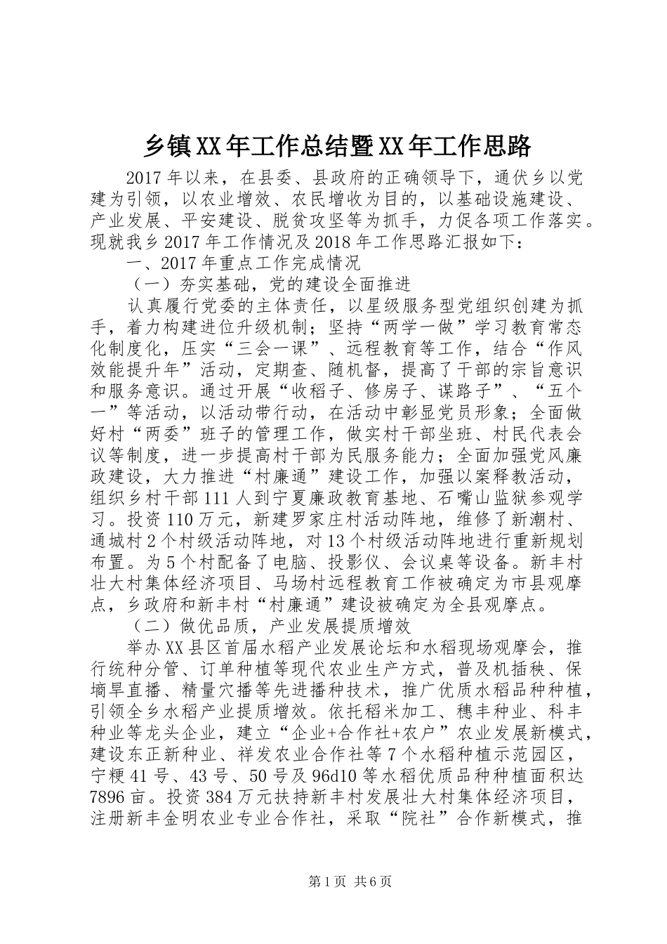 乡镇XX年工作总结暨XX年工作思路_第1页