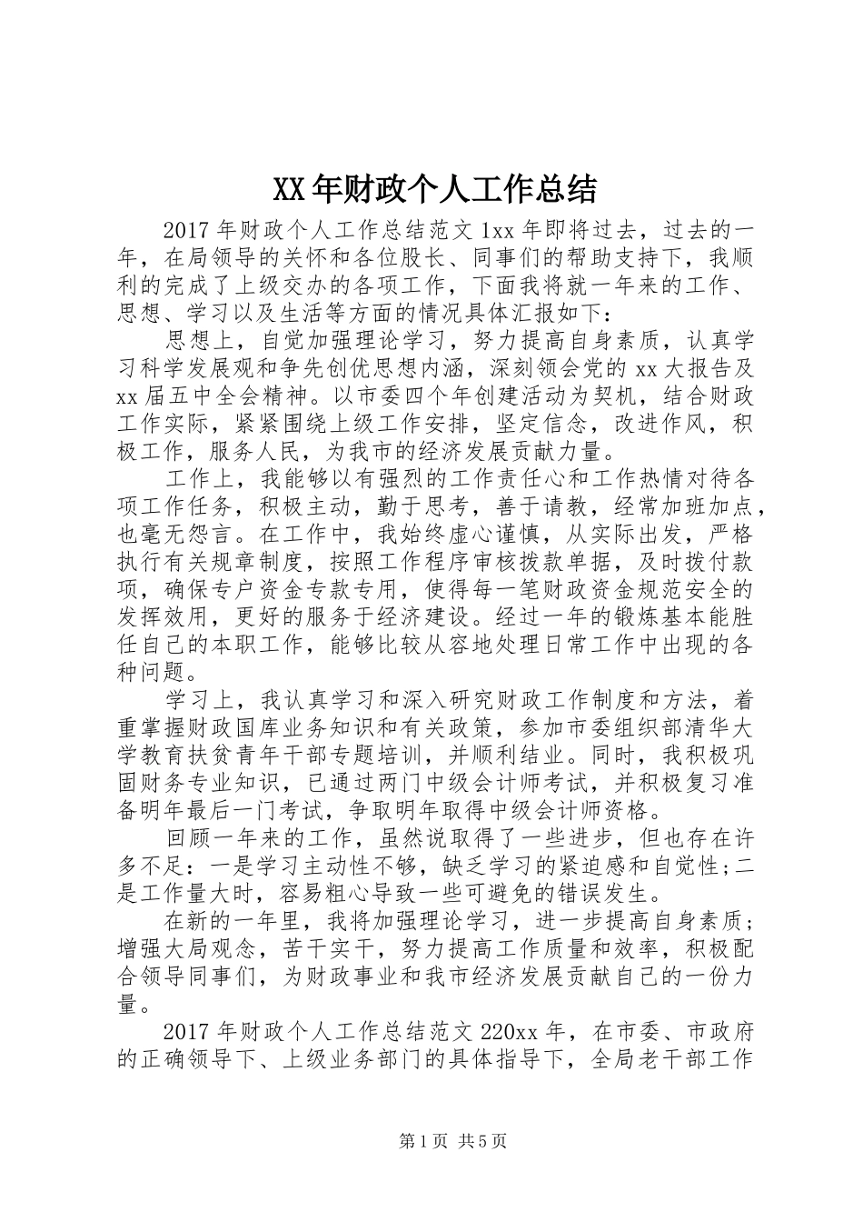 XX年财政个人工作总结_第1页