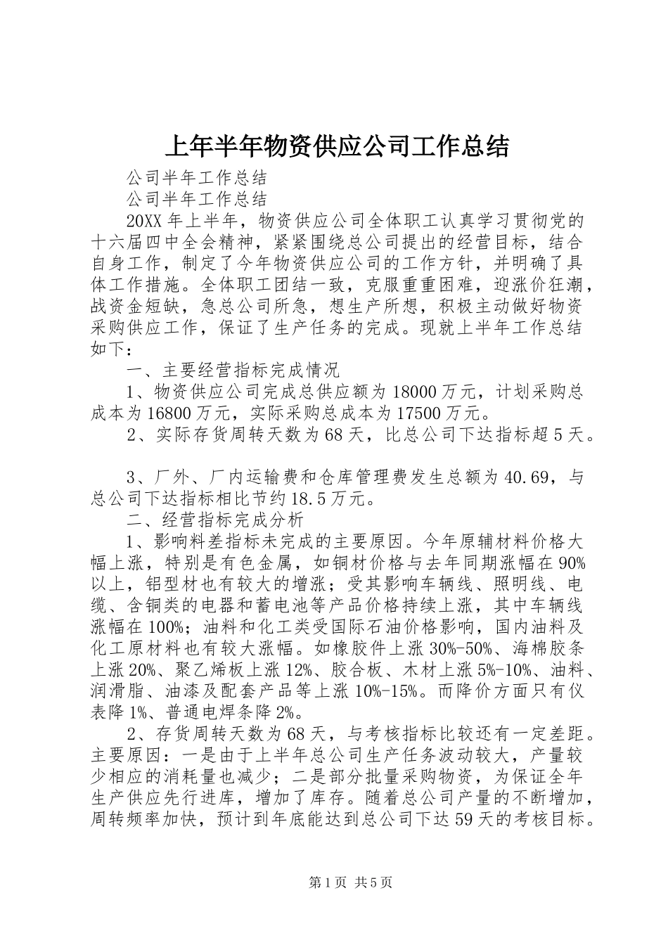上年半年物资供应公司工作总结_第1页