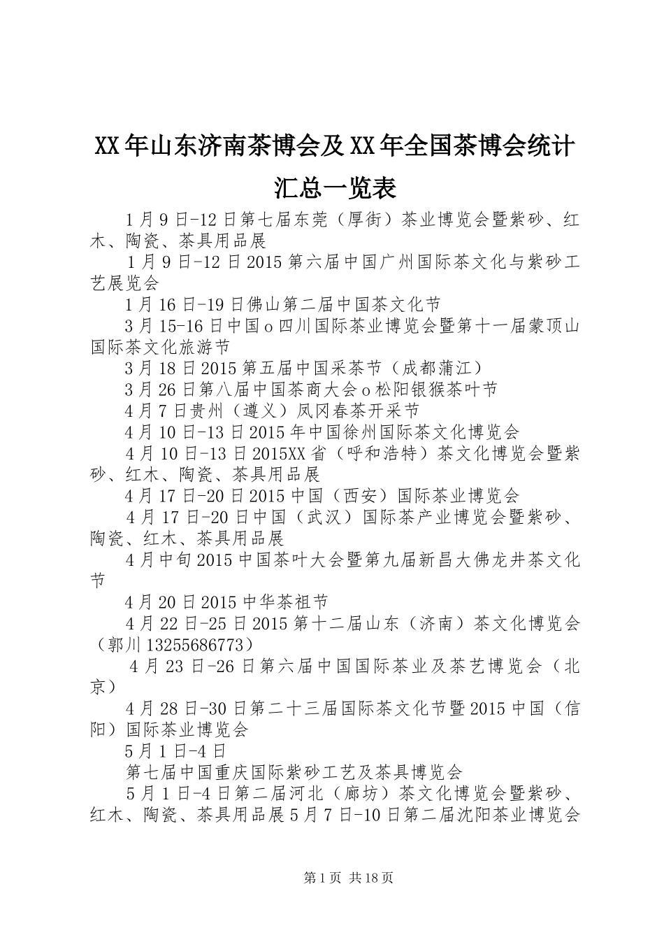 XX年山东济南茶博会及XX年全国茶博会统计汇总一览表_第1页